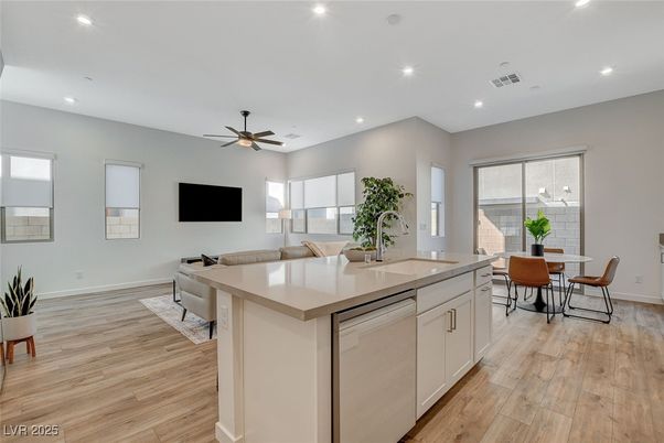 Dining room, Interior, Kitchen, Living room, Recessed Lighting, Wood Texture Flooring