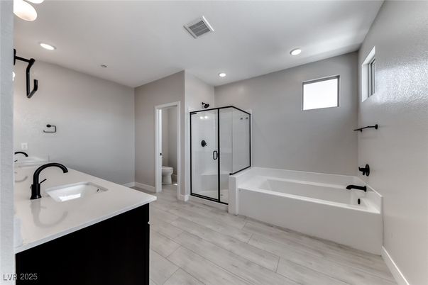 Bathroom, Glass Shower, Interior, Recessed Lighting, Wood Texture Flooring