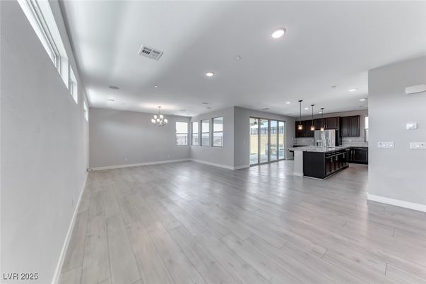 Chandelier, Empty room, Interior, Kitchen, Pendant Lights, Recessed Lighting, Wood Texture Flooring