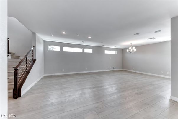 Chandelier, Empty room, Interior, Recessed Lighting, Wood Texture Flooring