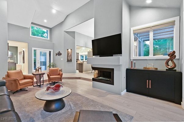 Fireplace, Interior, Living room, Recessed Lighting, Wood Texture Flooring