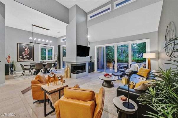 Dining room, Fireplace, Interior, Living room, Pendant Lights, Recessed Lighting, Wood Texture Flooring