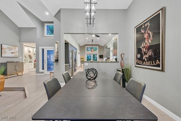 Dining room, Interior, Pendant Lights, Recessed Lighting, Wood Texture Flooring