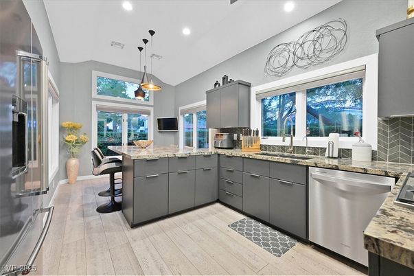 Interior, Kitchen, Pendant Lights, Recessed Lighting, Stainless Steel Appliances, Wood Texture Flooring