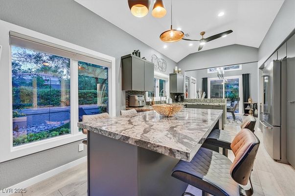 Dining room, Interior, Kitchen, Pendant Lights, Recessed Lighting, Stainless Steel Appliances, Wood Texture Flooring