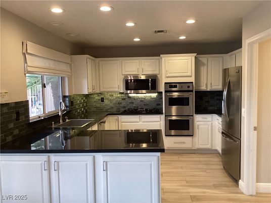 Interior, Kitchen, Recessed Lighting, Stainless Steel Appliances, Wood Texture Flooring
