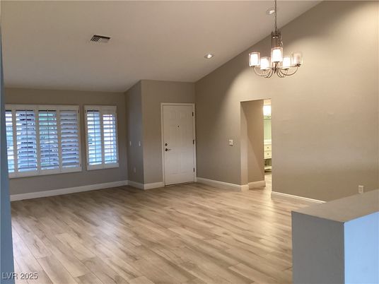 Chandelier, Empty room, Interior, Recessed Lighting, Wood Texture Flooring