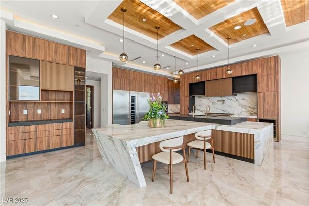 Interior, Kitchen, Marble Walls, Pendant Lights, Recessed Lighting, Stainless Steel Appliances, Wooden Ceilings