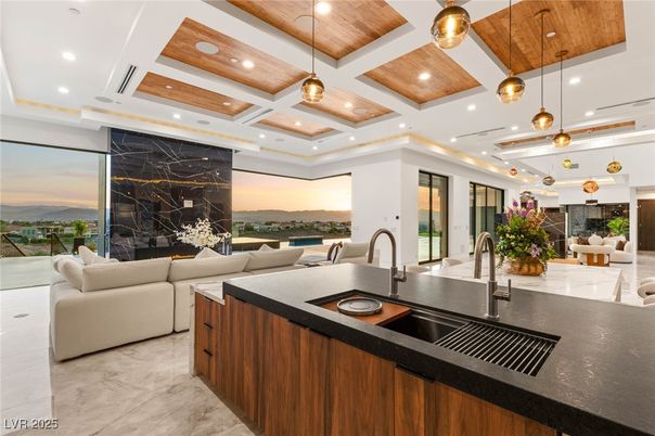 Interior, Kitchen, Living room, Marble, Marble Walls, Pendant Lights, Recessed Lighting, Water, Wooden Ceilings