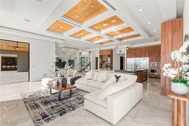 Interior, Kitchen, Living room, Marble, Pendant Lights, Recessed Lighting, Stainless Steel Appliances, Wooden Ceilings
