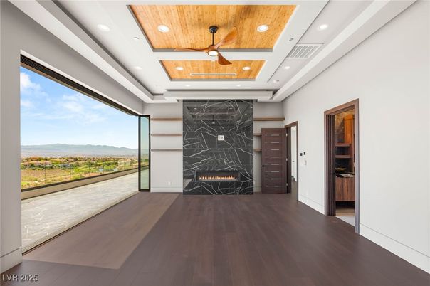Fireplace, Interior, Marble Walls, Recessed Lighting, Wooden Ceilings, Wood Texture Flooring