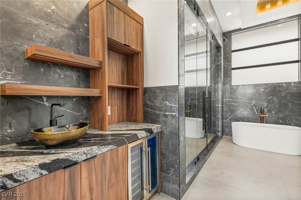 Bathroom, Dual Sink Vanities, Glass Shower, Interior, Marble Walls, Recessed Lighting