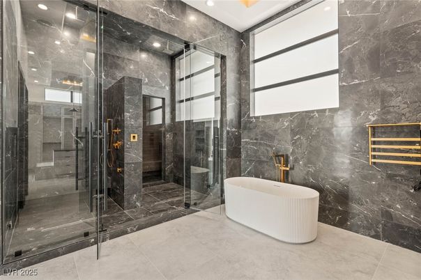 Bathroom, Glass Shower, Interior, Marble Walls, Recessed Lighting