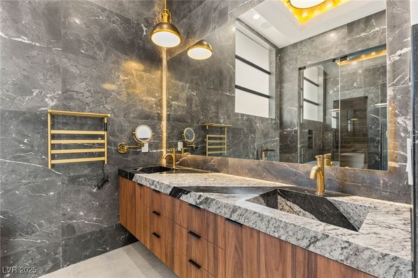 Bathroom, Dual Sink Vanities, Glass Shower, Interior, Marble Walls