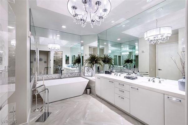 Bathroom, Chandelier, Dual Sink Vanities, Free Standing Baths, Interior, Marble, Recessed Lighting