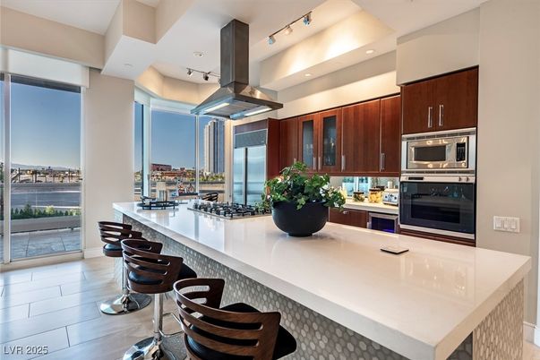 Interior, Kitchen, Recessed Lighting, Stainless Steel Appliances, Water, Wood Texture Flooring