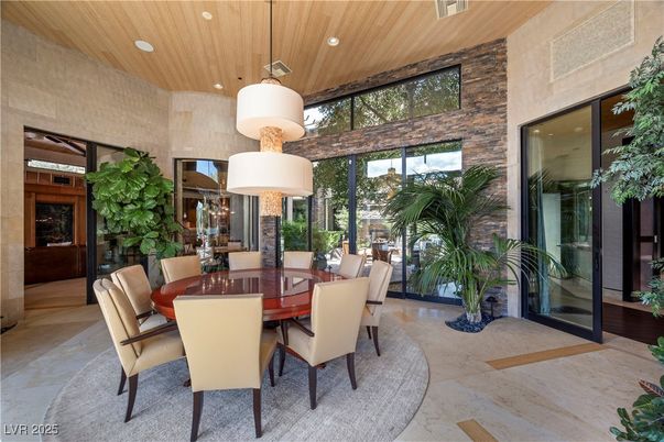 Dining room, Interior, Recessed Lighting, Stone Walls, Wooden Ceilings