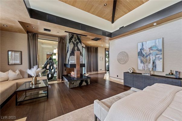 Fireplace, Interior, Living room, Recessed Lighting, Wooden Ceilings, Wood Texture Flooring