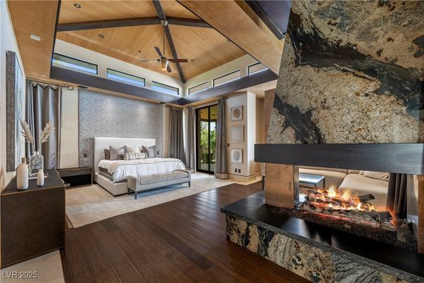 Bedroom, Fireplace, Interior, Recessed Lighting, Wooden Beams, Wooden Ceilings, Wood Texture Flooring