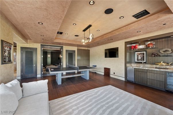 Billiard Table, Game Room, Interior, Pendant Lights, Recessed Lighting, Wood Texture Flooring