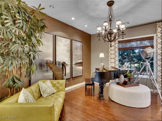 Chandelier, Interior, Living room, Piano, Recessed Lighting, Wood Texture Flooring