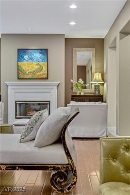 Bedroom, Fireplace, Interior, Recessed Lighting, Wood Texture Flooring