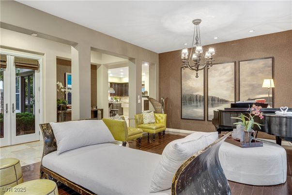 Chandelier, Interior, Living room, Piano, Recessed Lighting, Wood Texture Flooring