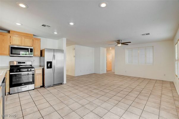 Empty room, Interior, Kitchen, Recessed Lighting, Stainless Steel Appliances