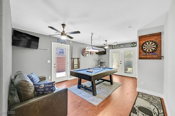 Billiard Table, Game Room, Interior, Pendant Lights, Wood Texture Flooring