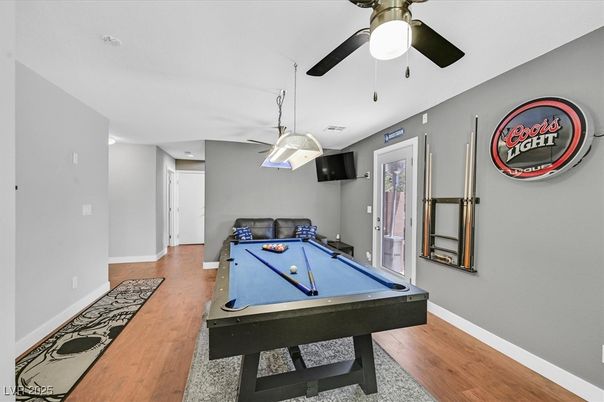 Billiard Table, Game Room, Interior, Pendant Lights, Wood Texture Flooring