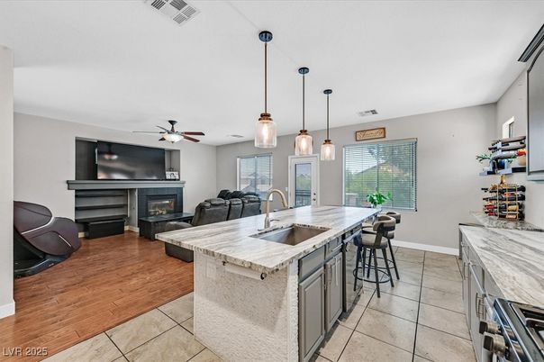 Fireplace, Interior, Kitchen, Living room, Pendant Lights, Wood Texture Flooring