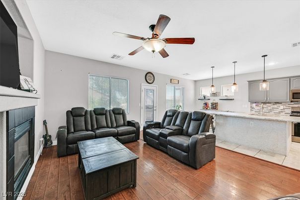 Fireplace, Interior, Kitchen, Living room, Pendant Lights, Wood Texture Flooring