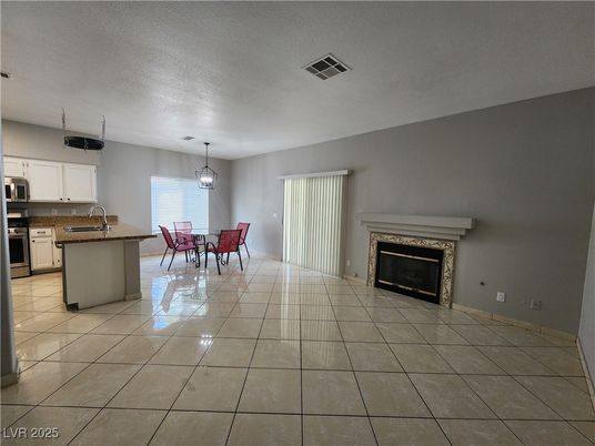 Dining room, Fireplace, Interior, Kitchen, Pendant Lights