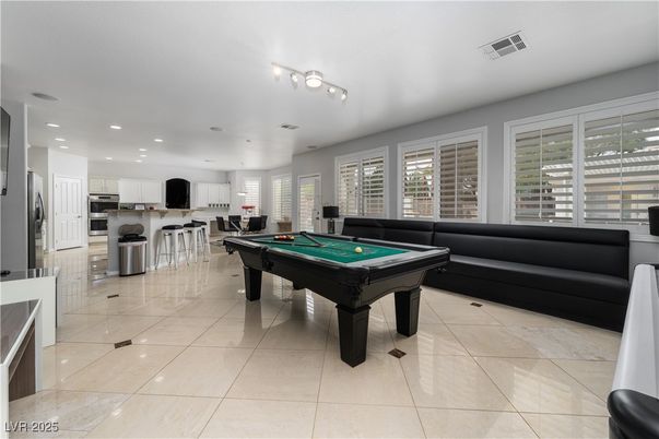 Billiard Table, Game Room, Interior, Kitchen, Recessed Lighting, Stainless Steel Appliances