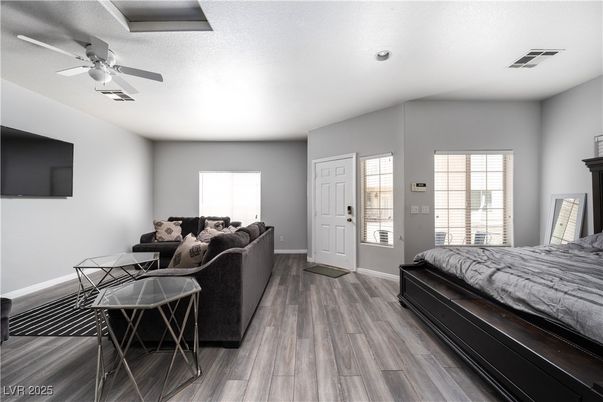 Bedroom, Interior, Living room, Recessed Lighting, Wood Texture Flooring
