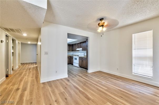 Empty room, Interior, Kitchen, Recessed Lighting, Wood Texture Flooring