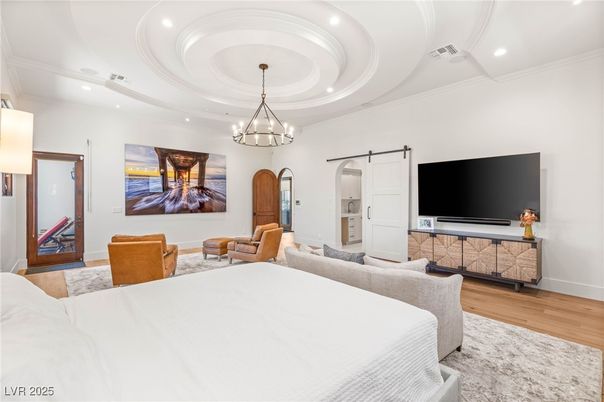 Bedroom, Chandelier, Dining room, Interior, Living room, Pendant Lights, Recessed Lighting, Wood Texture Flooring
