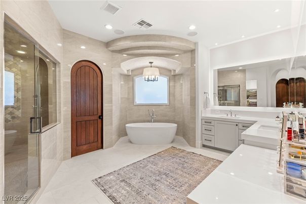 Bathroom, Dual Sink Vanities, Free Standing Baths, Glass Shower, Interior, Pendant Lights, Recessed Lighting