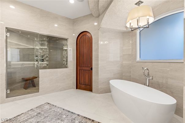 Bathroom, Free Standing Baths, Glass Shower, Interior, Recessed Lighting