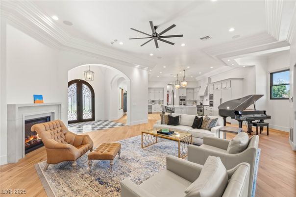Fireplace, Interior, Kitchen, Living room, Pendant Lights, Piano, Recessed Lighting, Wood Texture Flooring