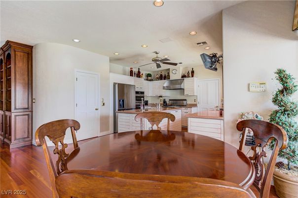 Dining room, Interior, Kitchen, Recessed Lighting, Stainless Steel Appliances, Wood Texture Flooring