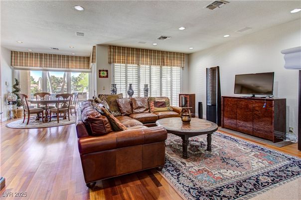 Dining room, Interior, Living room, Recessed Lighting, Wood Texture Flooring
