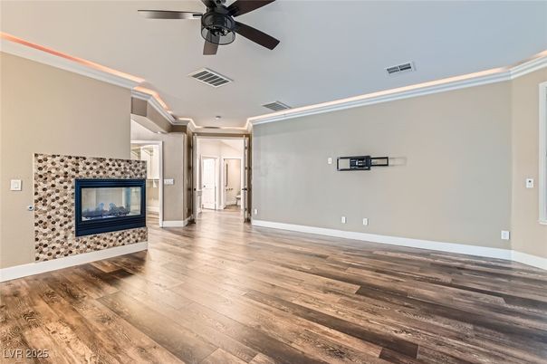Empty room, Fireplace, Interior, Recessed Lighting, Wood Texture Flooring