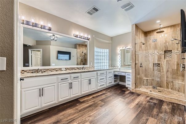 Bathroom, Dual Sink Vanities, Interior, Recessed Lighting, Wood Texture Flooring