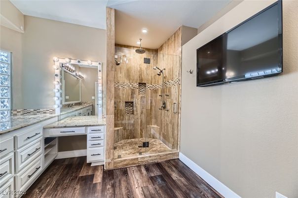 Bathroom, Glass Shower, Interior, Recessed Lighting, Wood Texture Flooring