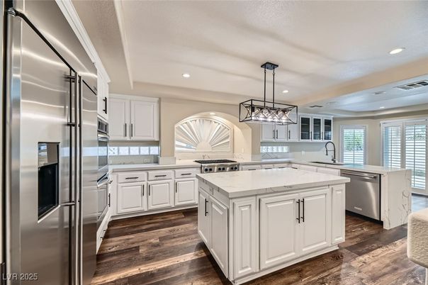 Interior, Kitchen, Pendant Lights, Recessed Lighting, Stainless Steel Appliances, Wood Texture Flooring