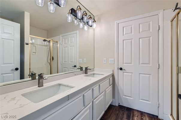 Bathroom, Dual Sink Vanities, Glass Shower, Interior, Wood Texture Flooring