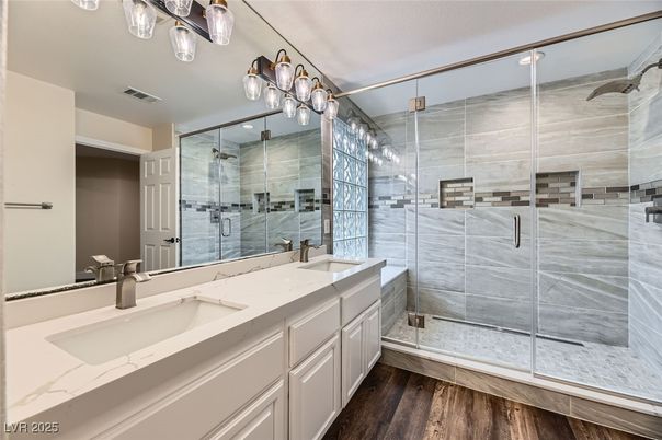 Bathroom, Dual Sink Vanities, Glass Shower, Interior, Wood Texture Flooring