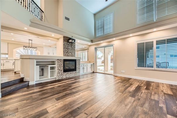 Fireplace, Interior, Pendant Lights, Recessed Lighting, Wood Texture Flooring