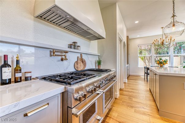 Chandelier, Interior, Kitchen, Recessed Lighting, Stainless Steel Appliances, Wood Texture Flooring